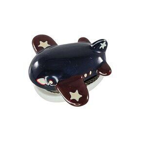 Vintage Airplane Ceramic Trinket Box With Hinged Lid Red White Blue Stars